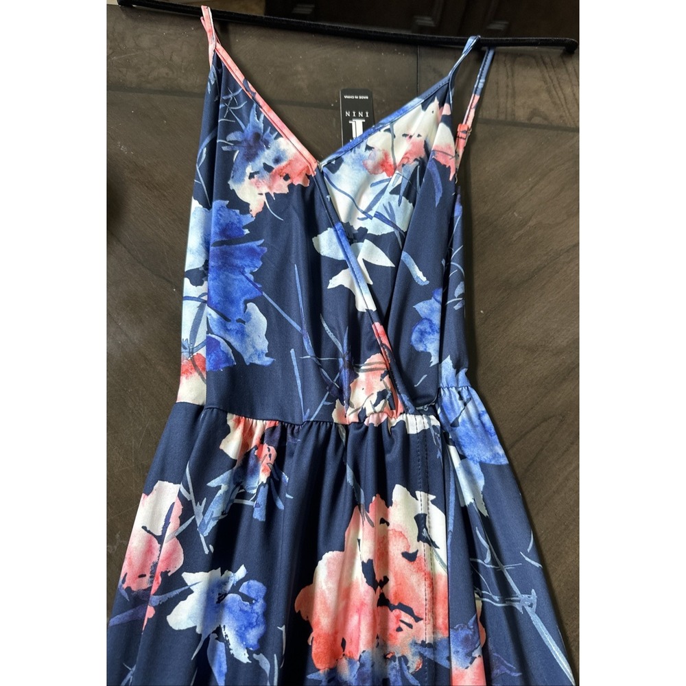 ININ Maxi Dress Navy, Pink, Blue Floral Crisscross Back Lg Split Sz M NWT Women